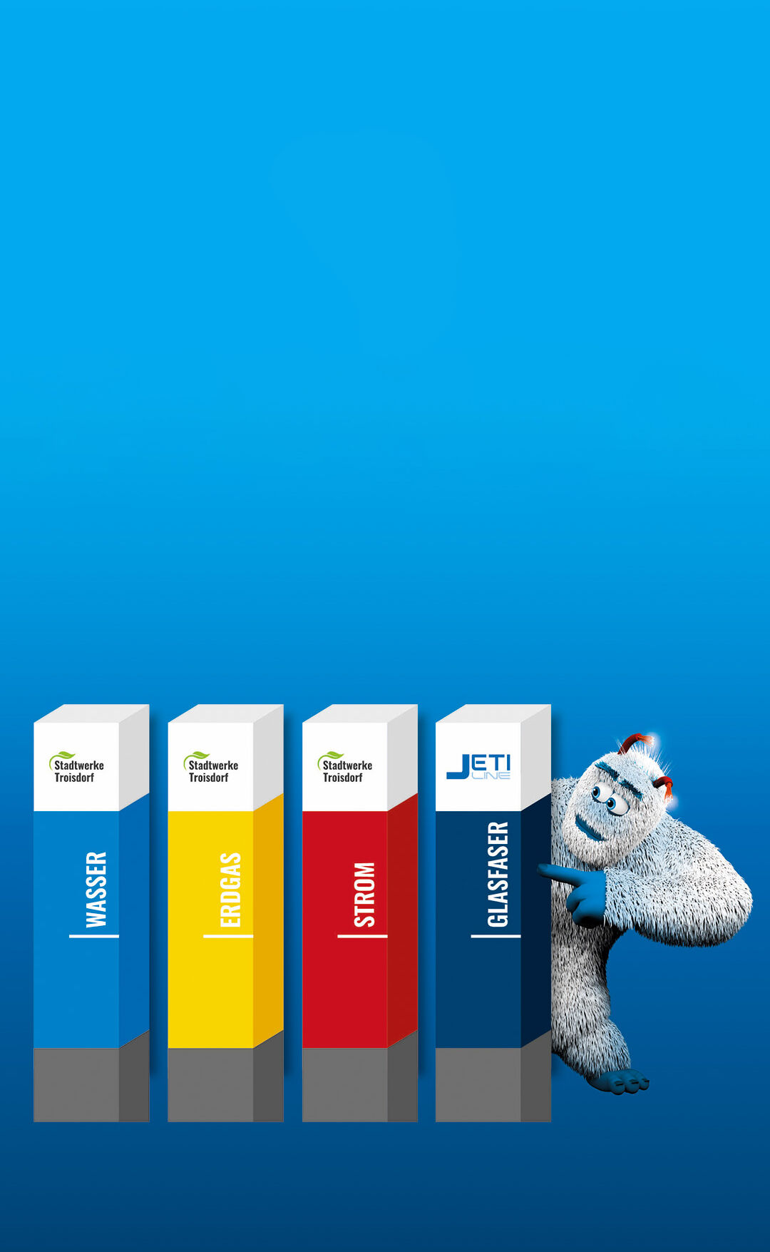 Links im Bild sind vier verschieden farbige Säulen mit unterschiedlichen Logos und rechts daneben steht der JETI, der auf diese zeigt