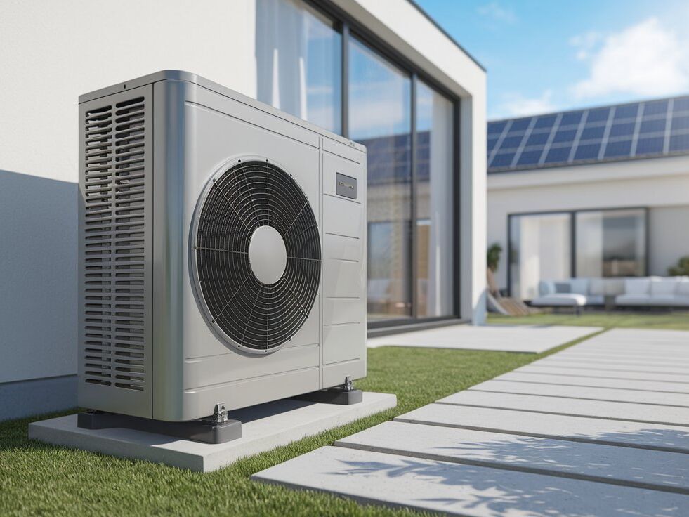 Wärmepumpe auf dem Boden vor einem Haus 