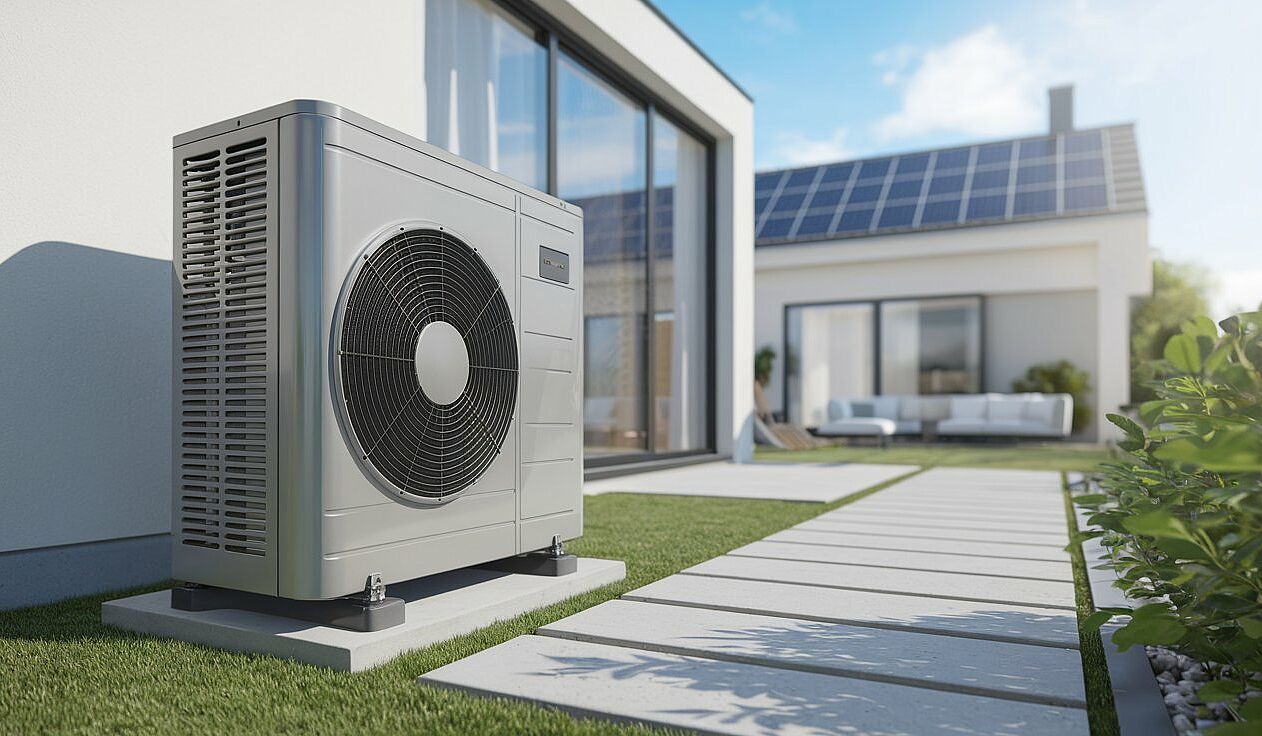 Wärmepumpe auf dem Boden vor einem Haus 