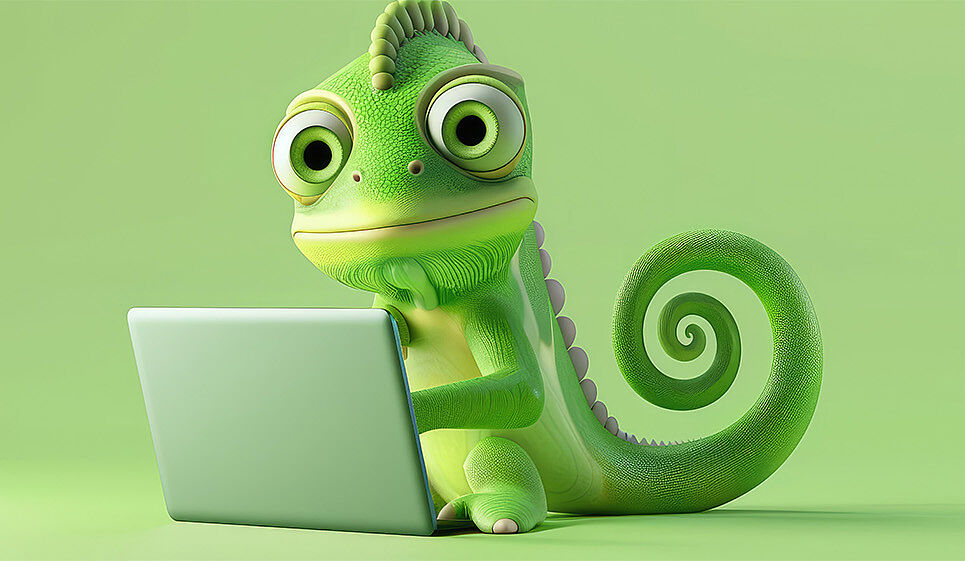 Grünes Maskottchen vor einem Computer 