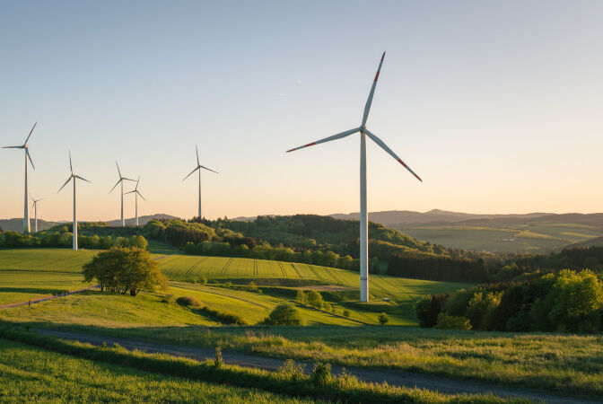 Grünes Feld mit Windkraftanlagen 