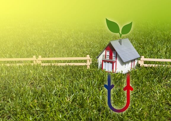 So funktioniert Geothermie So funktioniert Geothermie am Beispiel eines Hauses mitten in der Landschaft