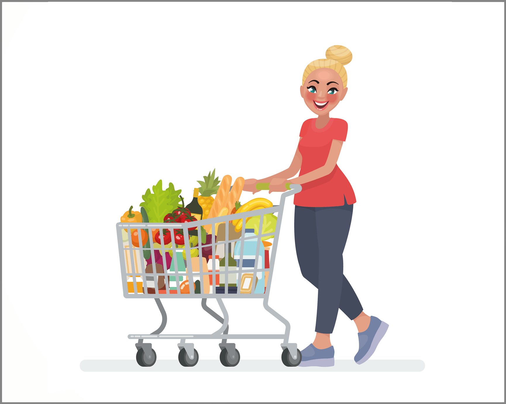 Comic Frau mit Einkaufswagen - weißer Hintergrund